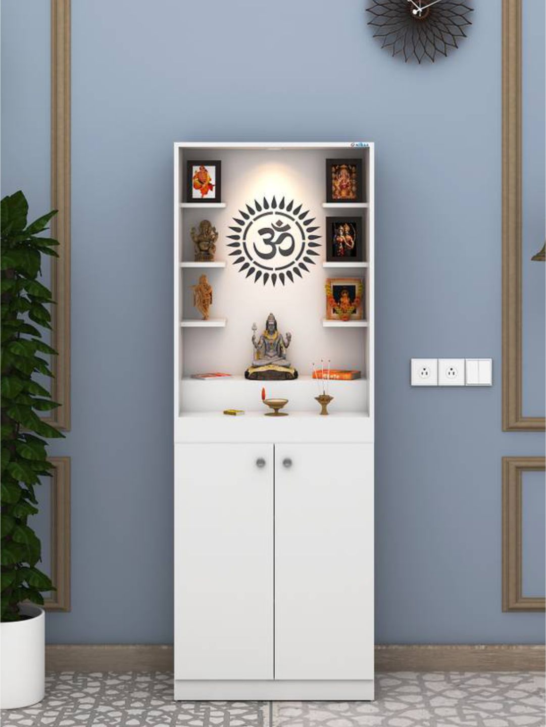 Modern Wooden Pooja Mandir with LED Light & Storage Cabinet