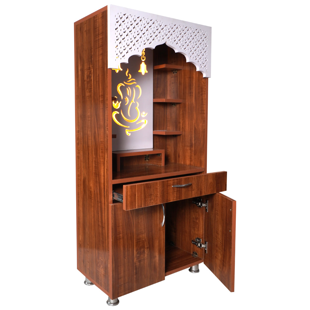 Ganesh LED Wooden Mandir for Home – White & Brown Finish Temple with Storage Cabinet (130x60x34 cm)