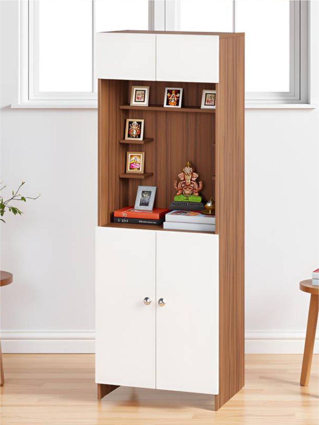 Wood and White Finish Pooja Mandir with Storage
