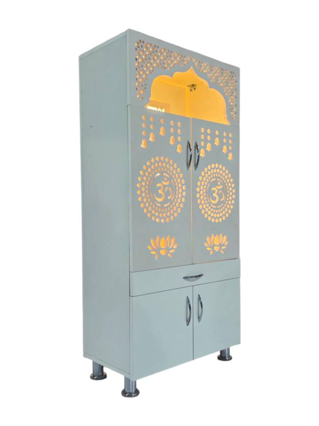 Designer Wooden Pooja Mandir with LED Backlight & “Om” Engraving