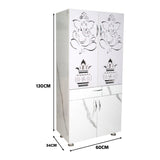 Wooden Mandir for Home with LED Shree Om Design & Storage | Modern White Pooja Cabinet with Ganesh Door