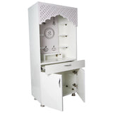 White Wooden Temple for Home with LED Om Design | Modern Pooja Mandir with Storage | 130x60x34 cm | The Mandir Company