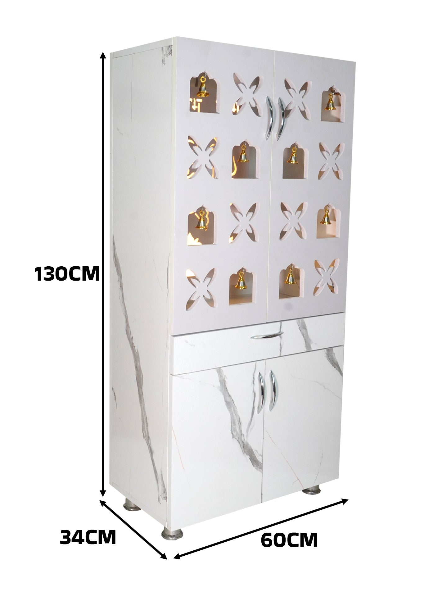 Designer Wooden Mandir for Home with LED Ganesh & Shubh Labh Panel | Premium White Pooja Cabinet with Multi Bells & Storage