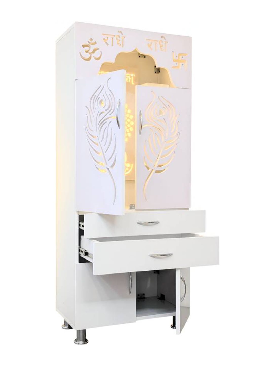 Modern White Standing Pooja Mandir With LED Backlit Jaali Doors