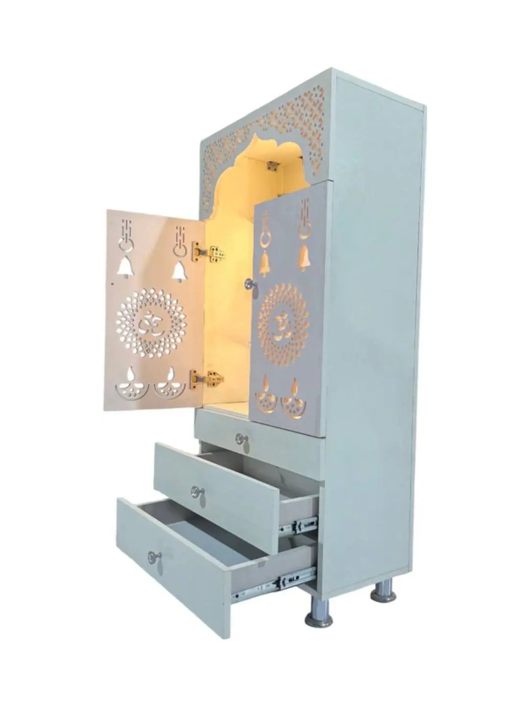 Modern White Wooden Mandir with LED Backlight & 3 Storage Drawers