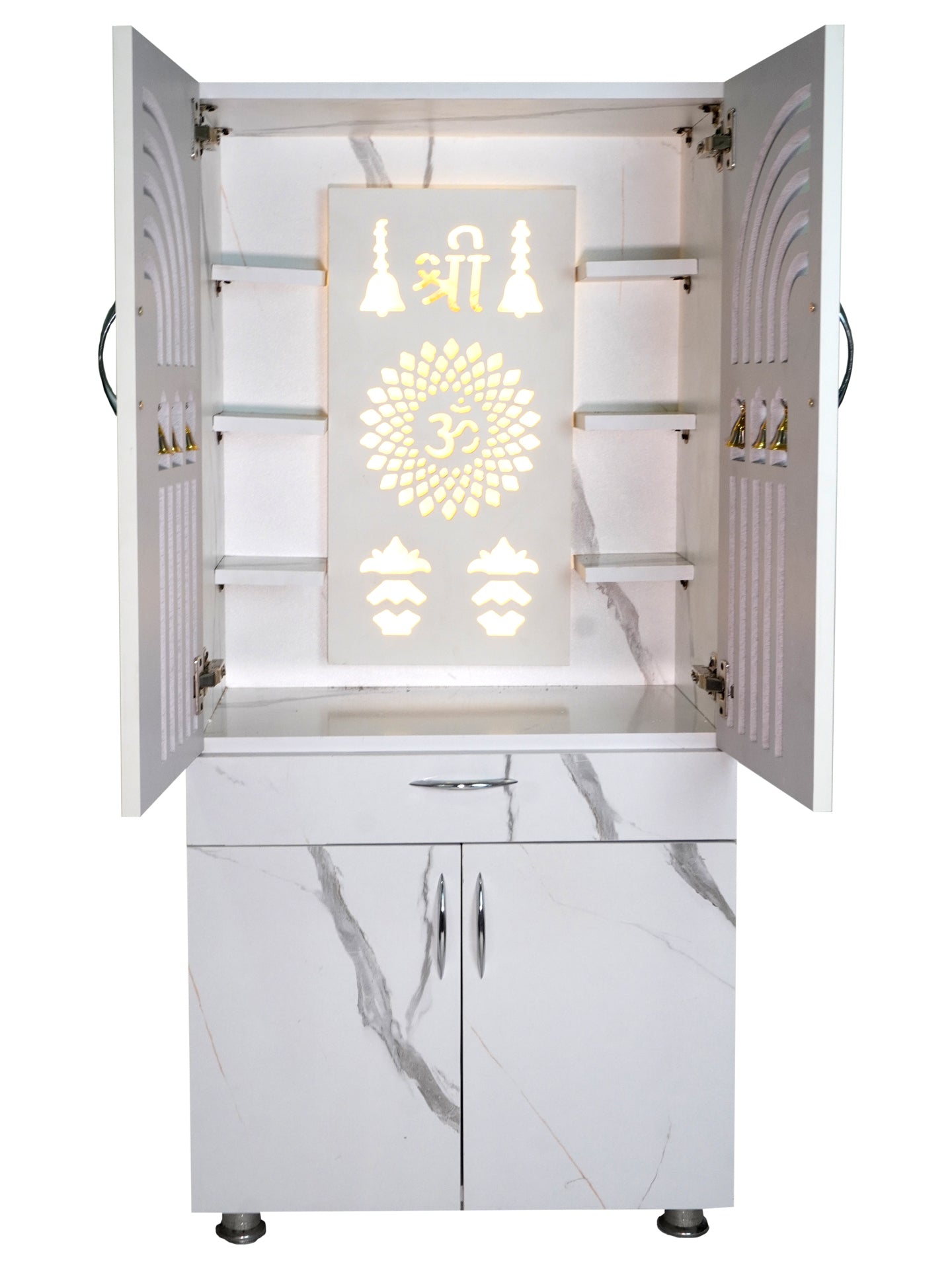 Premium Wooden Mandir for Home with LED Shree Om Panel & Hanging Bells | Modern White Pooja Cabinet with Storage