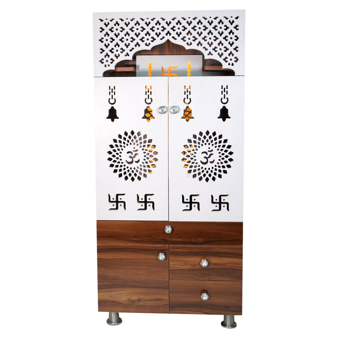 Wooden Pooja Mandir for Home with LED Light & Storage | Modern Temple Cabinet with Drawer & Shelves