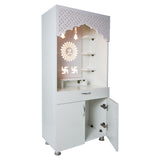 Modern White Wooden Mandir with LED Light – 130x60x34 cm | Home Temple with Storage Drawer & Shelves
