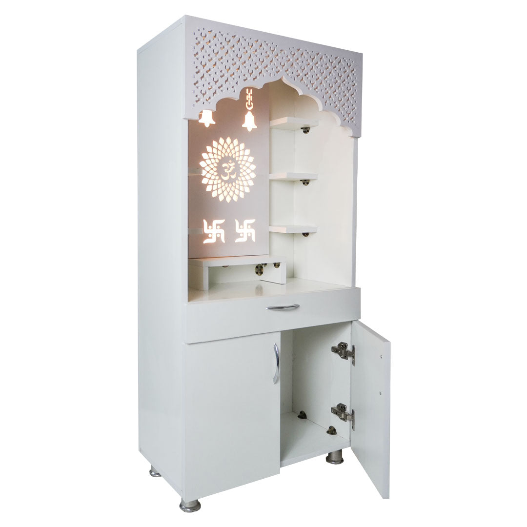 Modern White Wooden Mandir with LED Light – 130x60x34 cm | Home Temple with Storage Drawer & Shelves