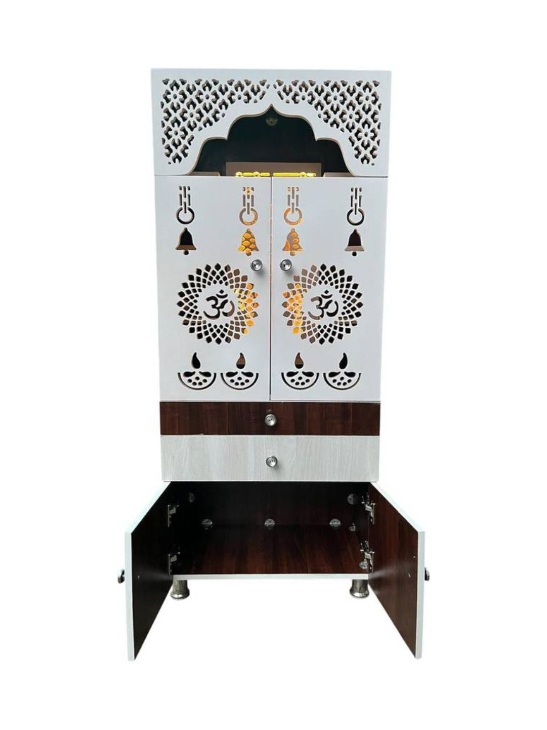 Wood and White Finish Pooja Mandir with Storage