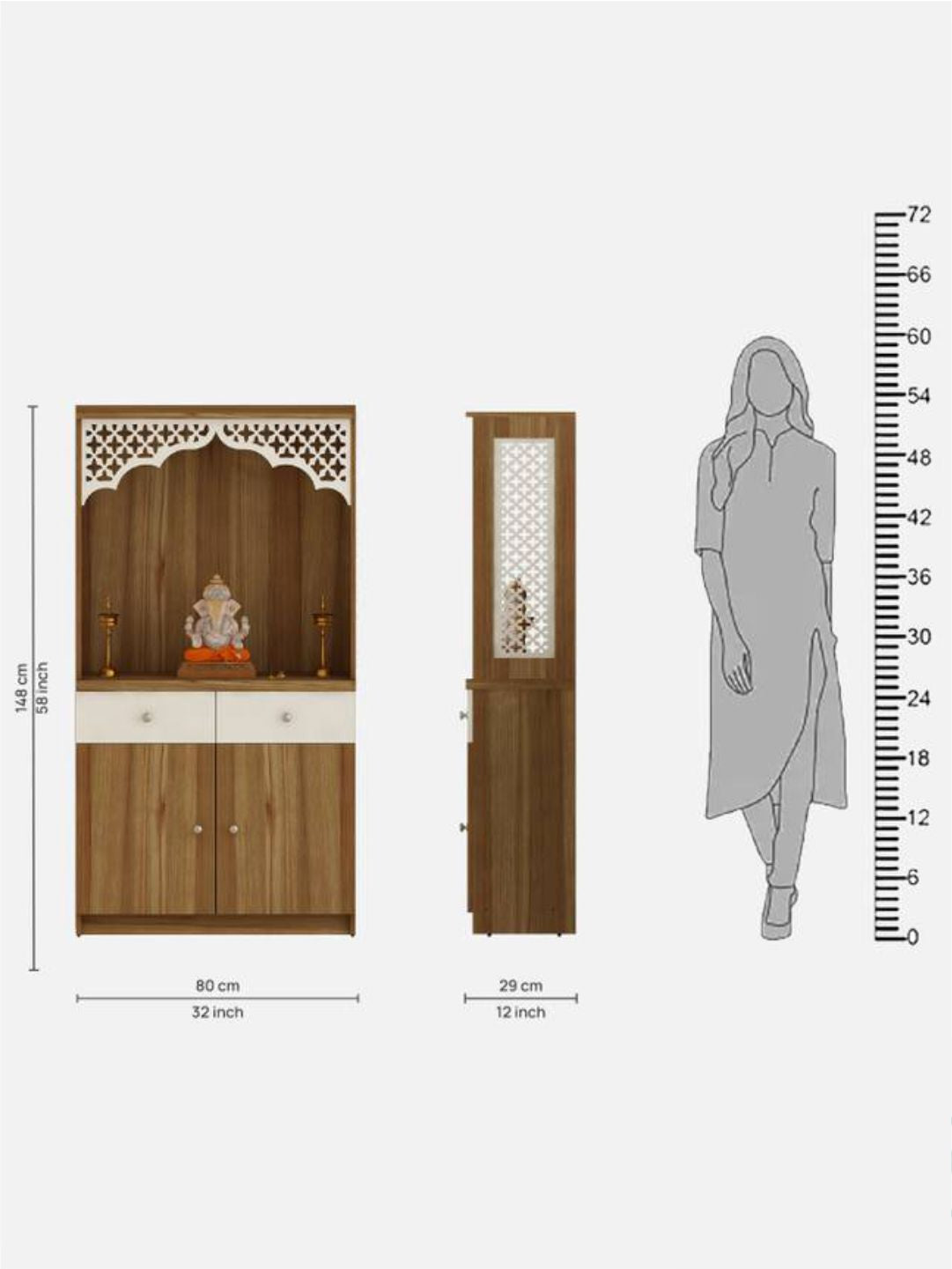 Wooden Pooja Mandir with Carved Arch and Storage