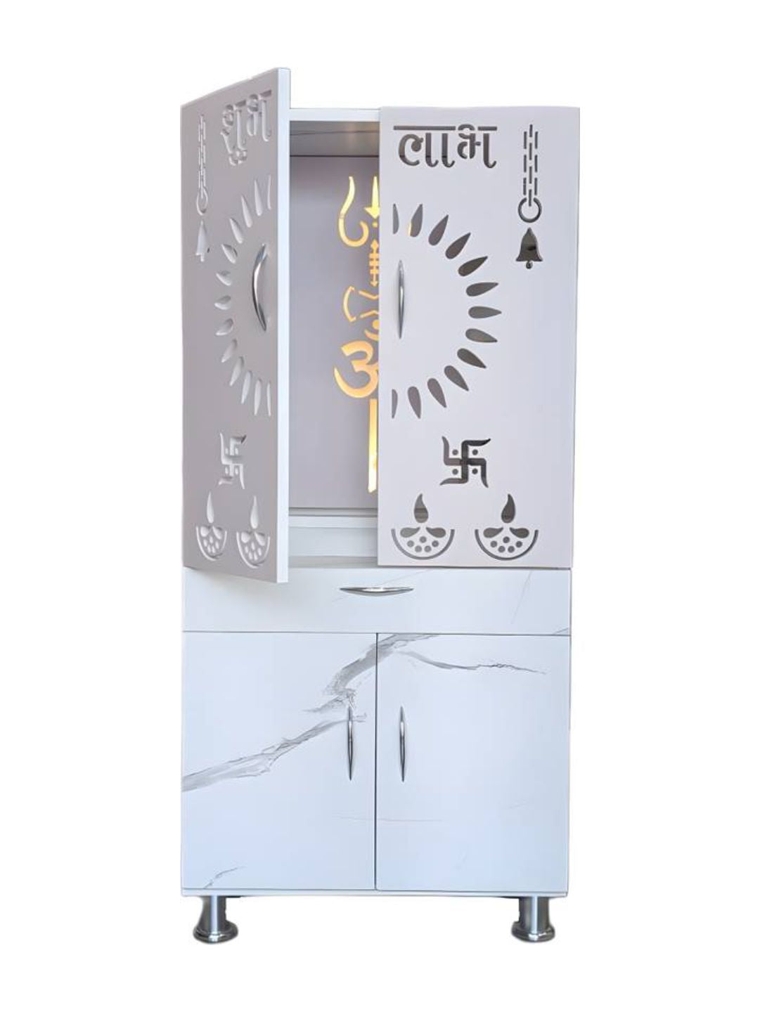 White Marble-Finish Pooja Mandir with Decorative Cut-Work Doors