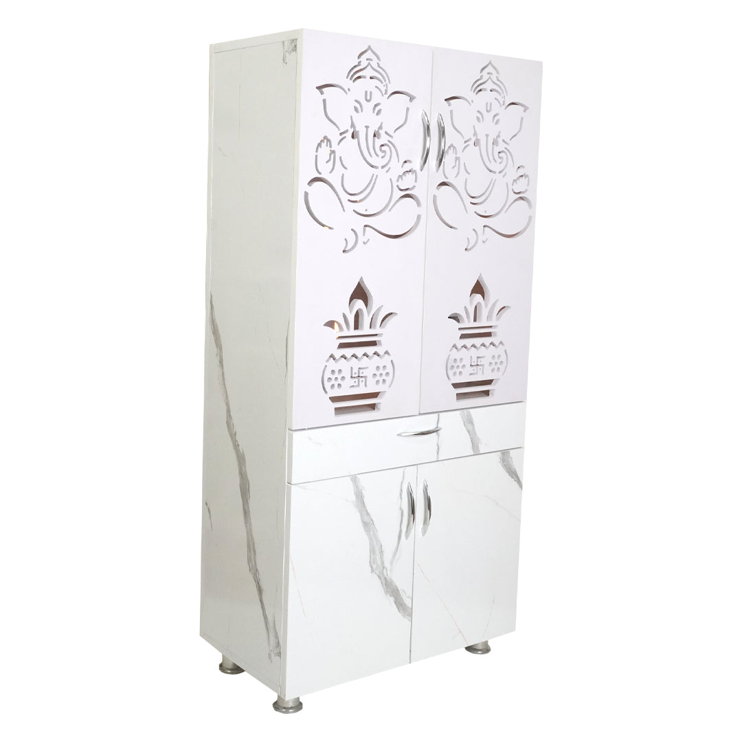 Wooden Mandir for Home with LED Trishul Om Design & Storage | Modern White Pooja Cabinet with Drawer