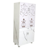 Wooden Mandir for Home with LED Trishul Om Design & Storage | Modern White Pooja Cabinet with Drawer