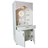 White Wooden Mandir with LED Light & Shubh Labh Design – 130x60x34 cm | Modern Pooja Temple with Storage