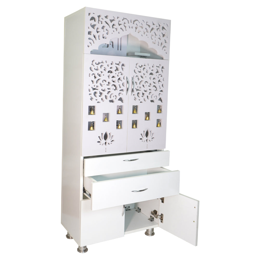White Wooden Pooja Mandir with LED Light & Storage | Modern Home Temple Cabinet with Drawer & Shelves