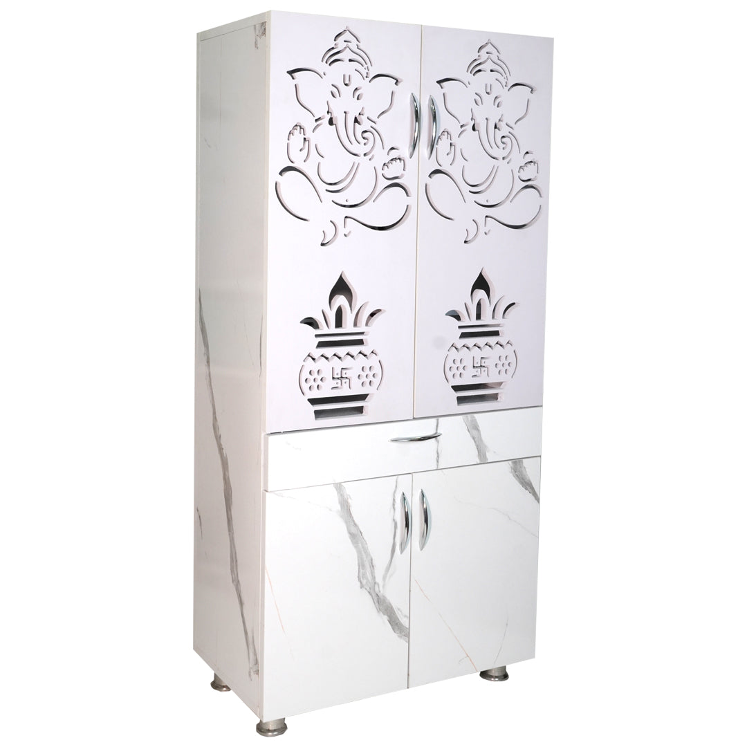 Wooden Mandir for Home with LED Shubh Labh Om Design & Storage | Modern White Pooja Cabinet with Ganesh Door