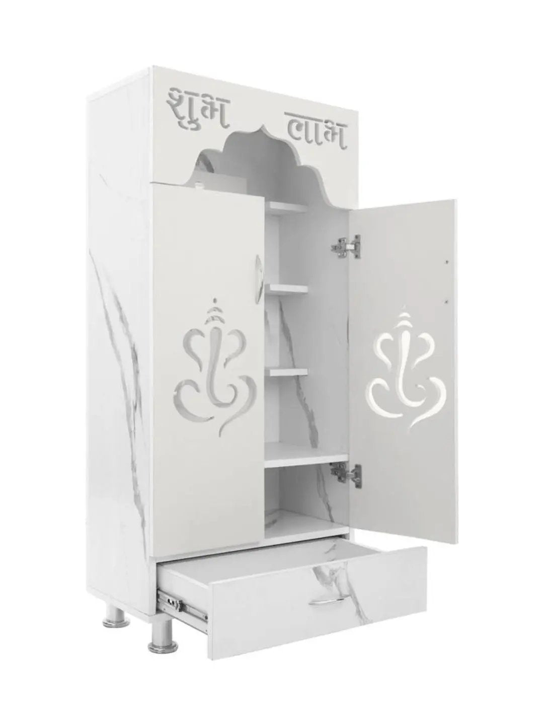 Marble Finish Wooden Mandir with Shubh Labh Carving & LED Light (60×34×130 CM) The Mandir Company