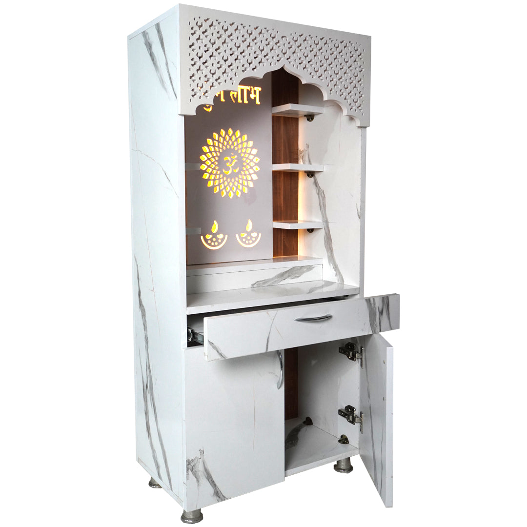 White Marble Finish Mandir with LED Light & Shubh Labh Design – 130x60x34 cm | Modern Wooden Temple for Home with Storage