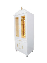White Wooden Pooja Mandir with Glass Doors and Storage