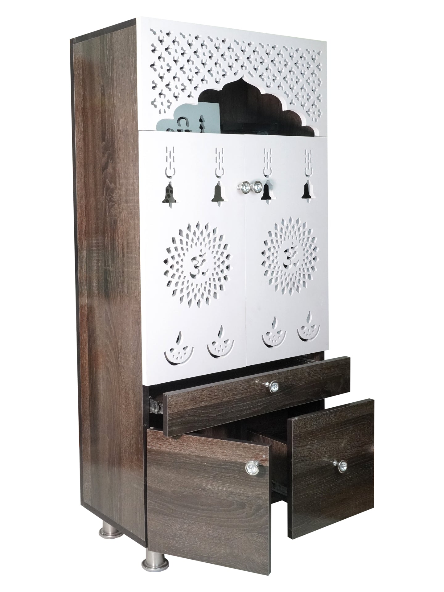 Modern Wooden Mandir with LED Panel & Storage Drawers | Brown & Black Pooja Cabinet (130x60x34 cm)