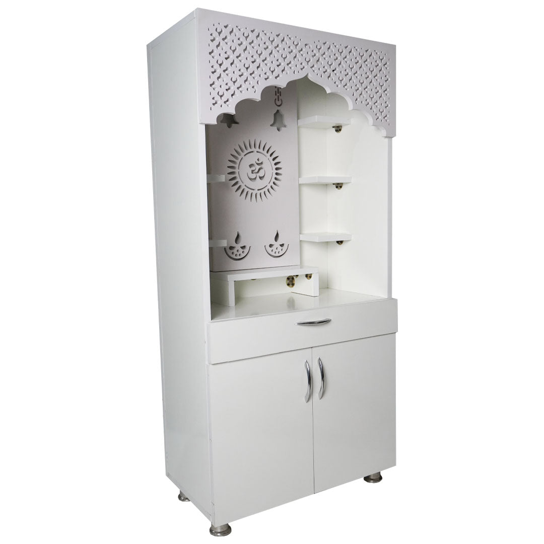 White Wooden Temple for Home with LED Om Design | Modern Pooja Mandir with Storage | 130x60x34 cm | The Mandir Company