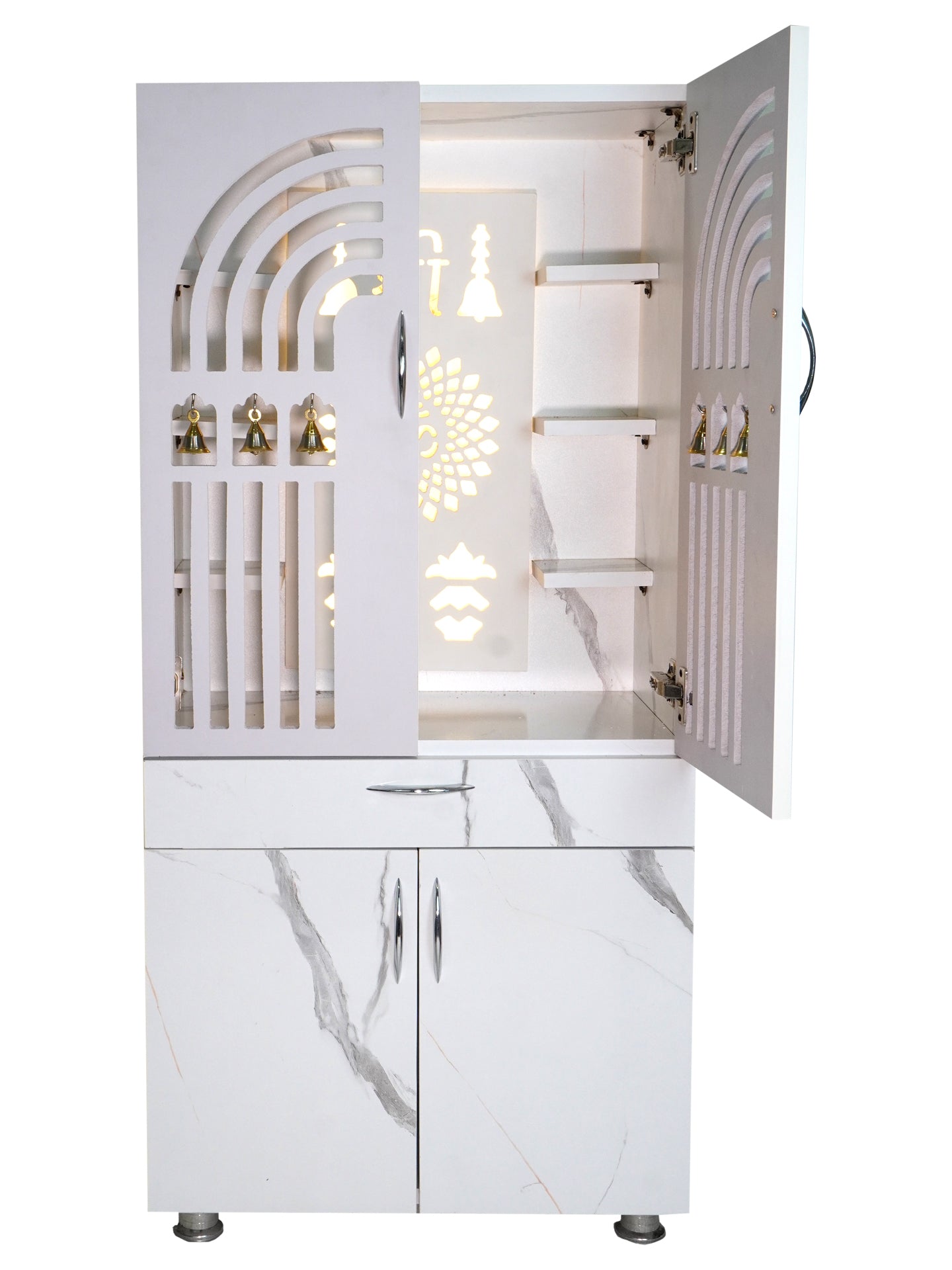Premium Wooden Mandir for Home with LED Shree Om Panel & Hanging Bells | Modern White Pooja Cabinet with Storage