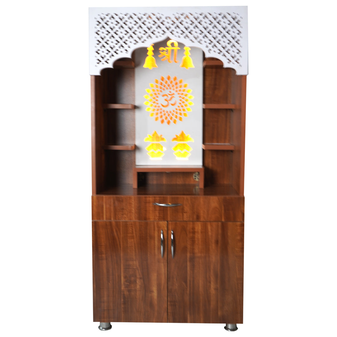 LED Wooden Mandir for Home – White & Brown Finish Temple with Shri Om Design (130x60x34 cm) | Modern Pooja Mandir with Storage