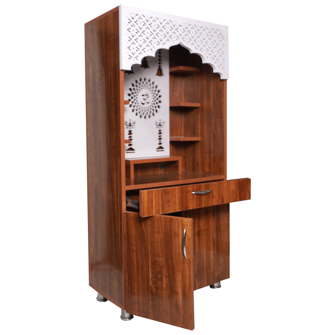 Wooden Mandir with LED Back Panel – White & Brown Finish Pooja Temple for Home (130x60x34 cm) | Designer Mandir with Storage