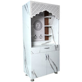 White Marble Finish Mandir with LED Light & Shubh Labh Design – 130x60x34 cm | Modern Wooden Temple for Home with Storage