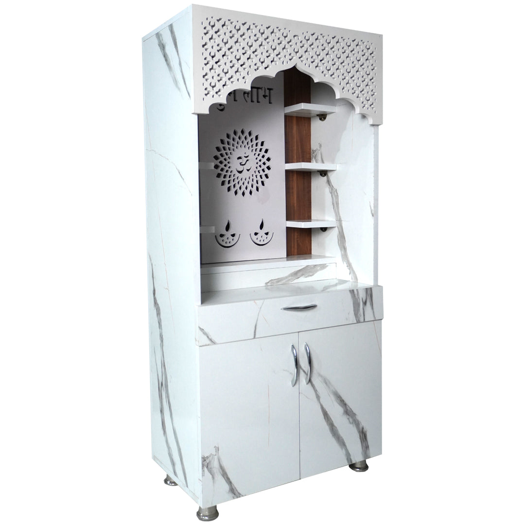 White Marble Finish Mandir with LED Light & Shubh Labh Design – 130x60x34 cm | Modern Wooden Temple for Home with Storage