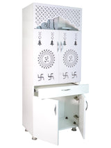 Luxury Wooden Mandir for Home with LED Shree Om Panel & Jaali Design | Modern White Pooja Cabinet with Storage Drawer