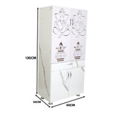 Wooden Mandir for Home with LED Trishul Om Design & Storage | Modern White Pooja Cabinet with Drawer