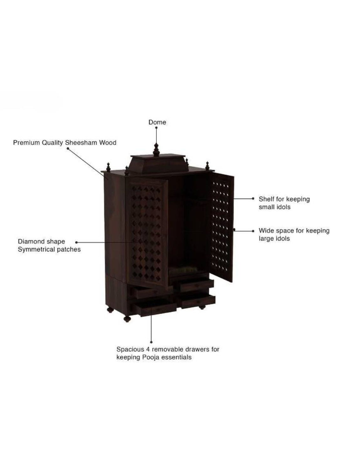 Wooden Pooja Mandir with Carved Doors and Storage
