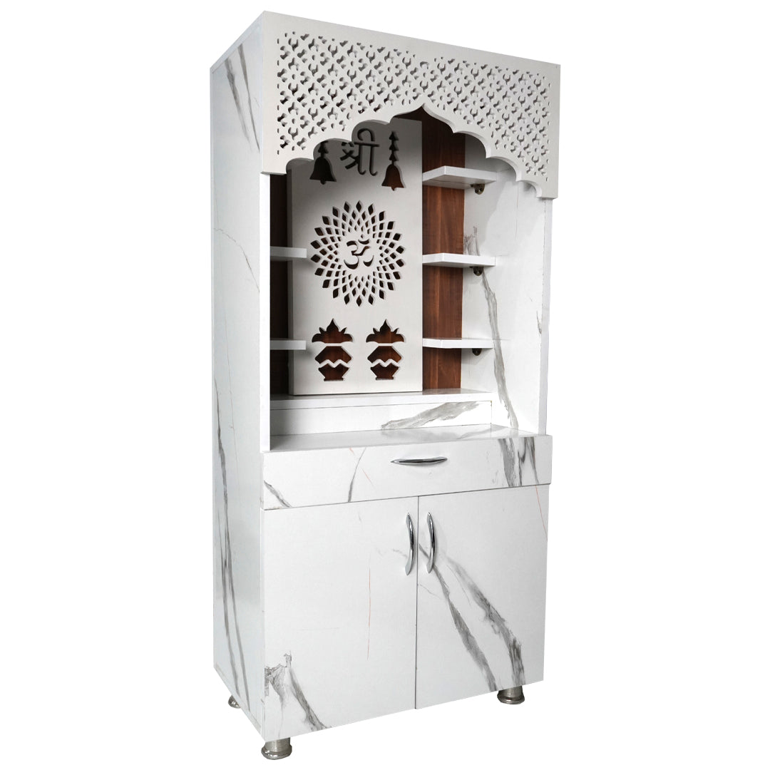 Luxury White Marble Wooden Temple with LED Back Panel – Shri Om Design Temple for Home (130x60x34 cm)