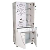 Wooden Mandir for Home with LED Shree Om Design & Storage | Modern White Pooja Cabinet with Ganesh Door