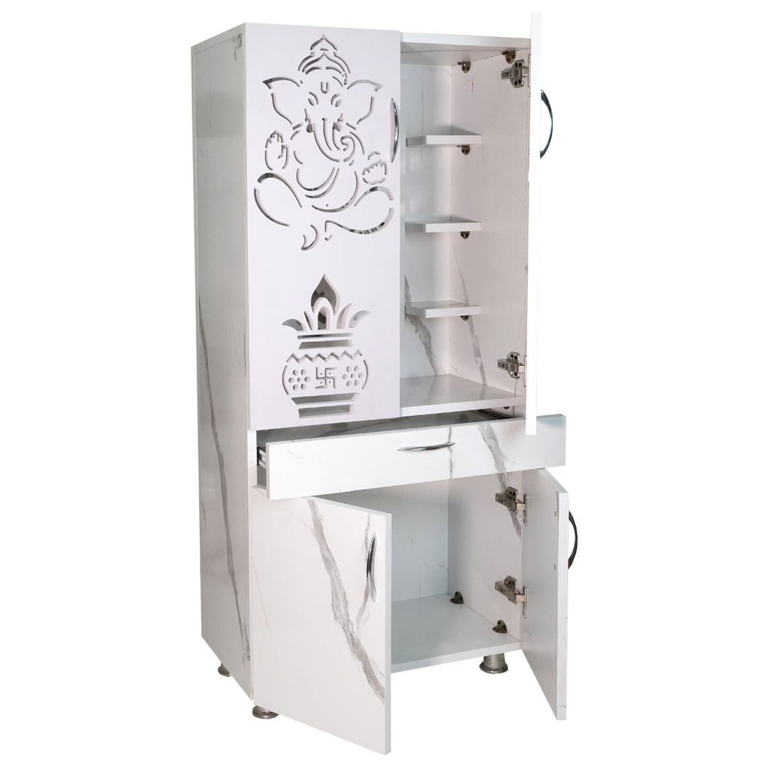 Wooden Mandir for Home with LED Shree Om Design & Storage | Modern White Pooja Cabinet with Ganesh Door