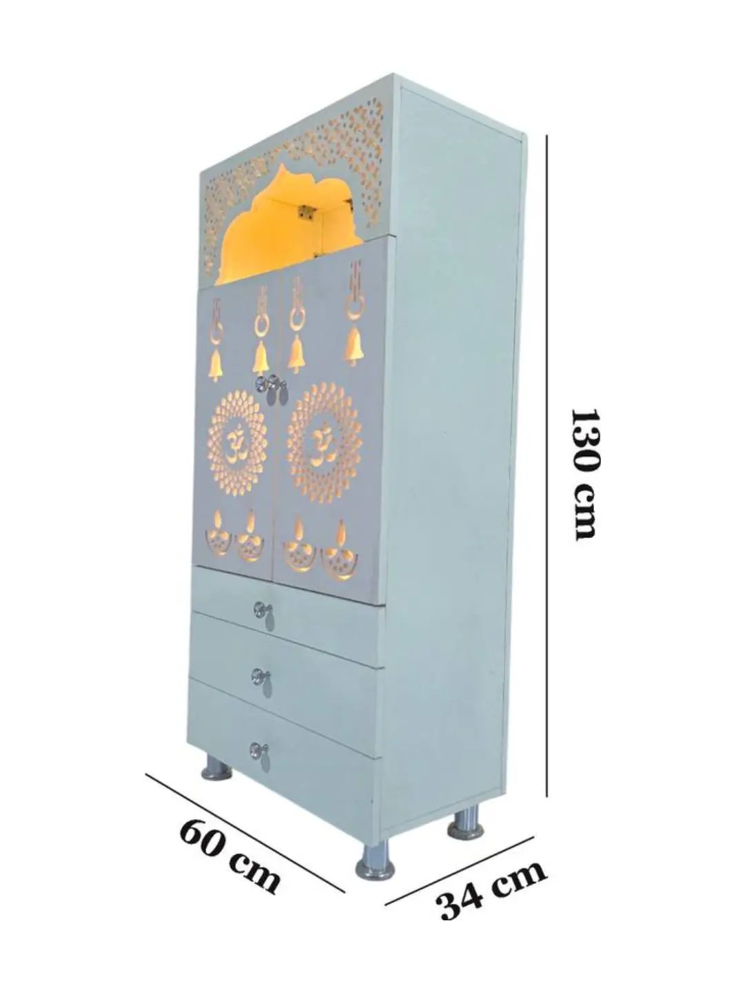 Modern White Wooden Mandir with LED Backlight & 3 Storage Drawers