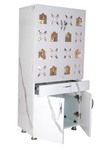 Designer Wooden Mandir for Home with LED Ganesh & Shubh Labh Panel | Premium White Pooja Cabinet with Multi Bells & Storage