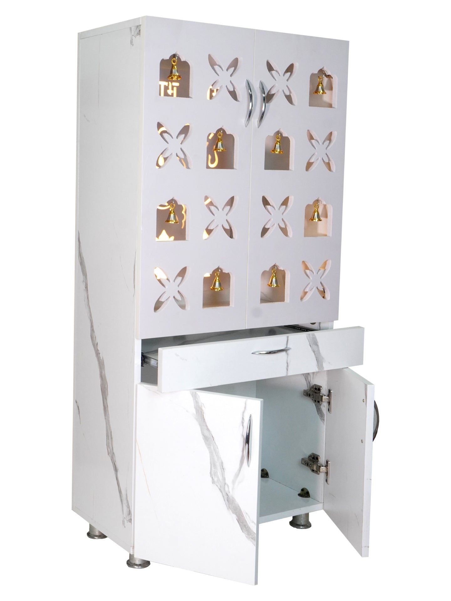 Designer Wooden Mandir for Home with LED Ganesh & Shubh Labh Panel | Premium White Pooja Cabinet with Multi Bells & Storage