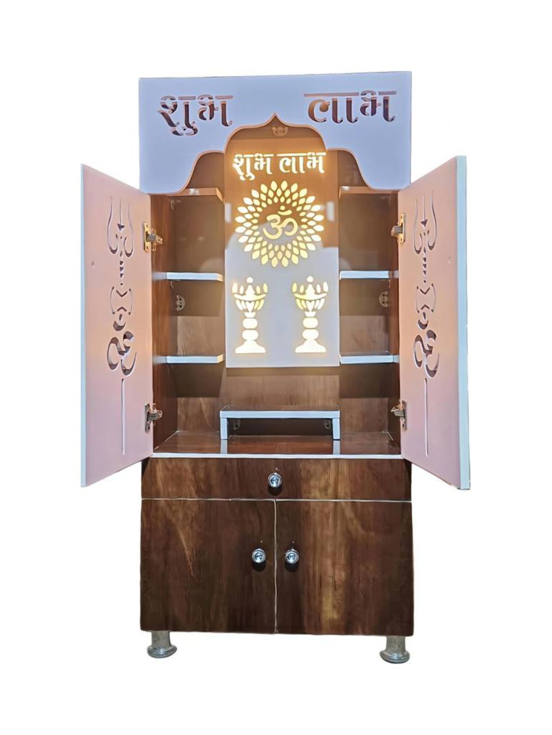 Wooden Pooja Mandir with “Shubh Labh” Design & Storage Cabinet (Dual Tone Finish)
