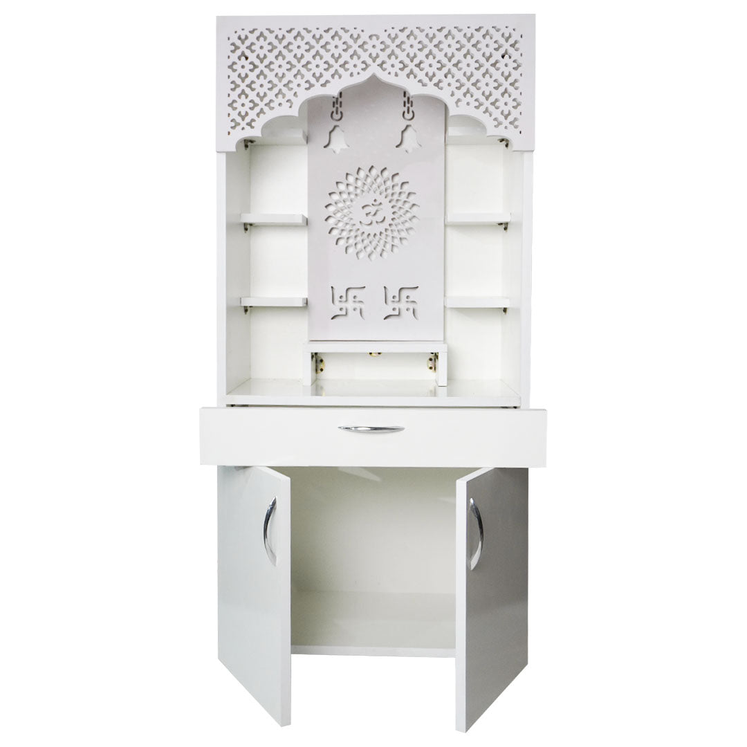 Modern White Wooden Mandir with LED Light – 130x60x34 cm | Home Temple with Storage Drawer & Shelves