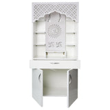 Modern White Wooden Mandir with LED Light – 130x60x34 cm | Home Temple with Storage Drawer & Shelves