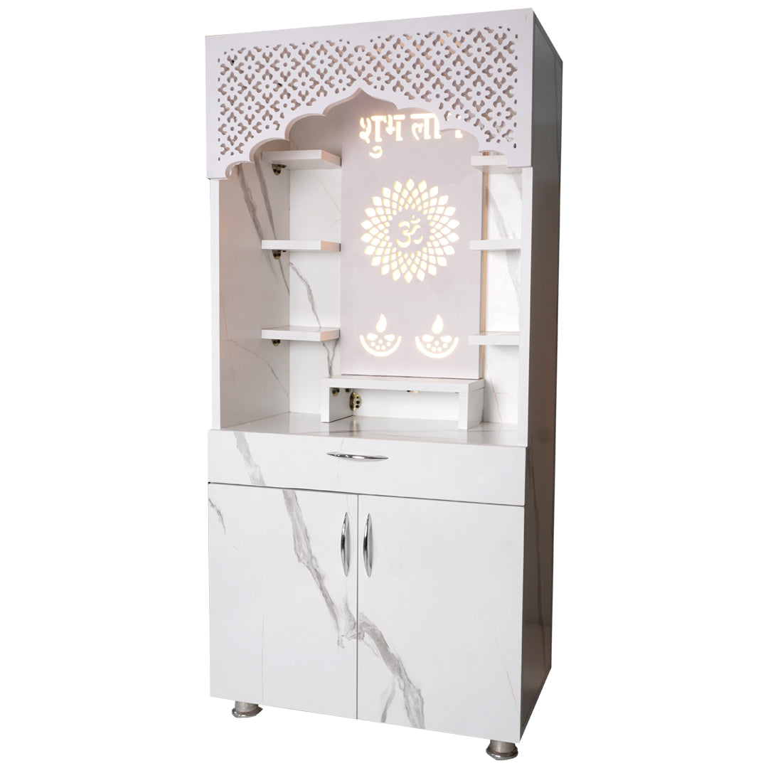 Premium Shubh Labh Wooden Mandir with LED Light – White & Brown Home Temple with Storage (130x60x34 cm)