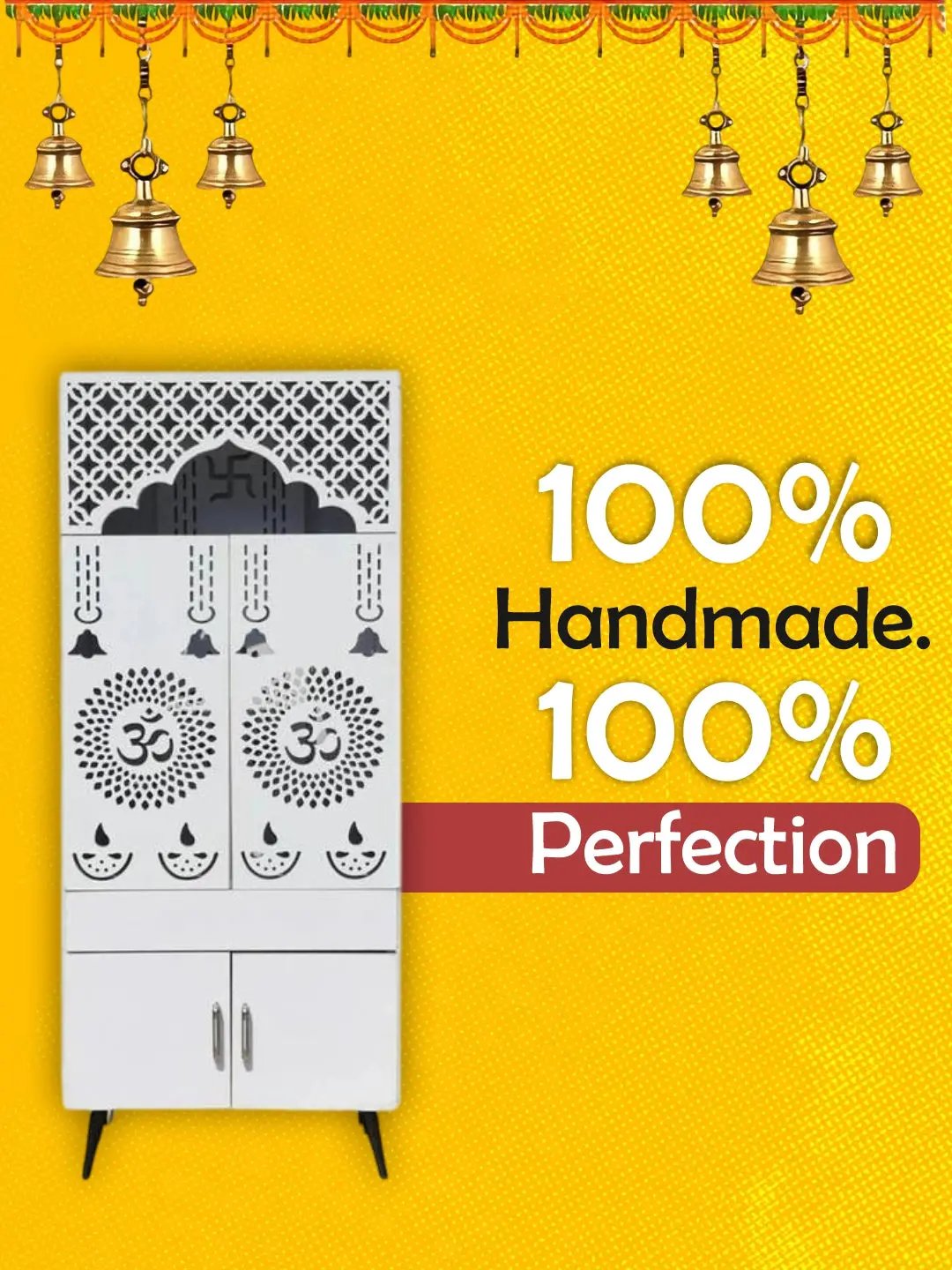 White Wooden Mandir with LED Backlight & Storage