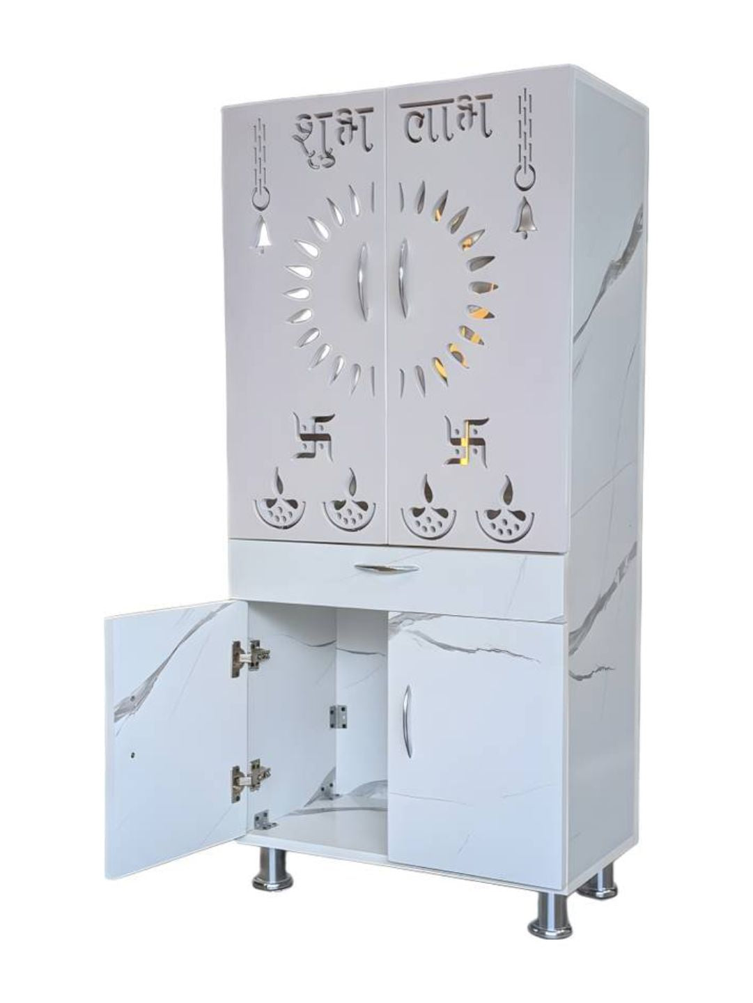 White Marble-Finish Pooja Mandir with Decorative Cut-Work Doors