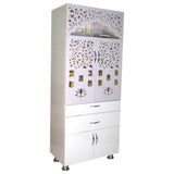 White Wooden Pooja Mandir with LED Light & Storage | Modern Home Temple Cabinet with Drawer & Shelves