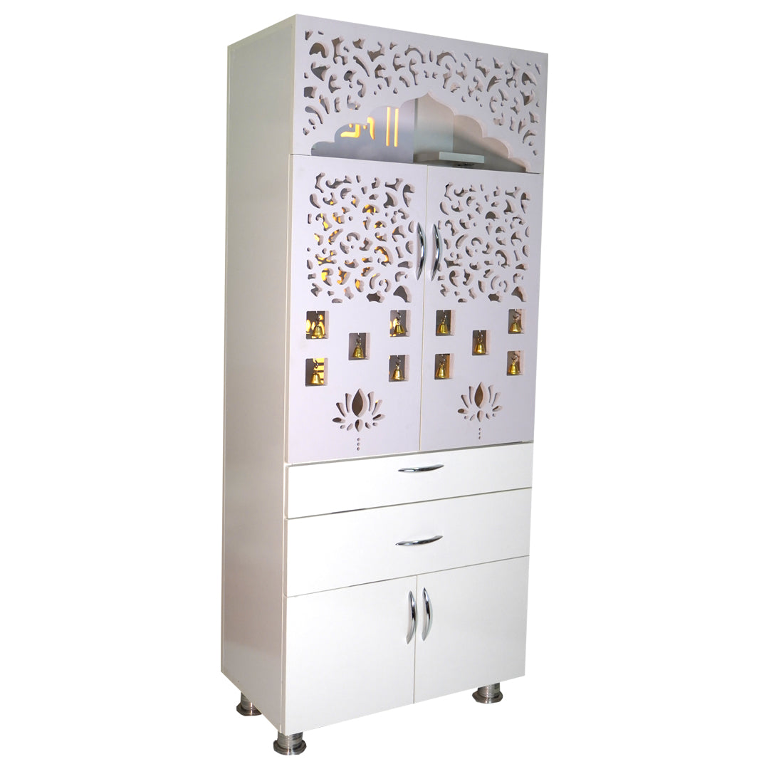 White Wooden Pooja Mandir with LED Light & Storage | Modern Home Temple Cabinet with Drawer & Shelves