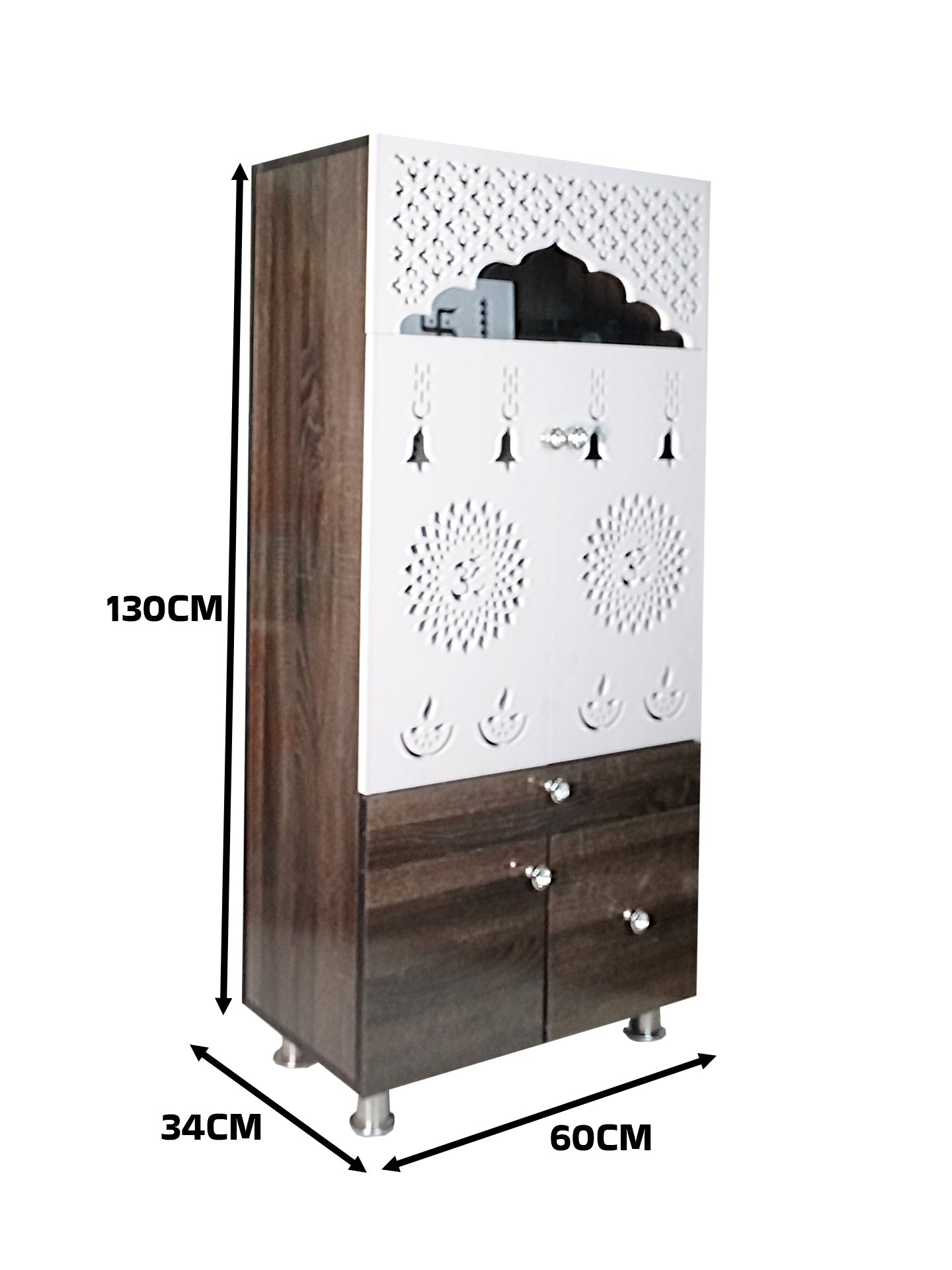 Wooden Pooja Mandir for Home with LED Light & Storage | Modern Temple Cabinet with Drawer & Shelves