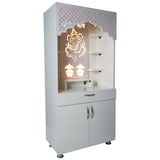 White Wooden Temple for Home with LED Ganesha Design | Modern Pooja Mandir with Storage | 130x60x34 cm | The Mandir Company
